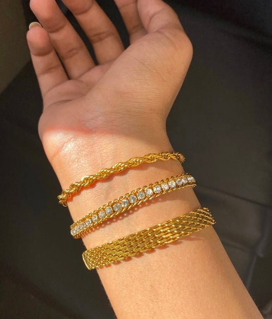 GOLDEN MESH & ROPE CHAIN WITH ZIRCOON LINK STACKABLE BRACELET (3 PIECES) STAINLESS STEEL