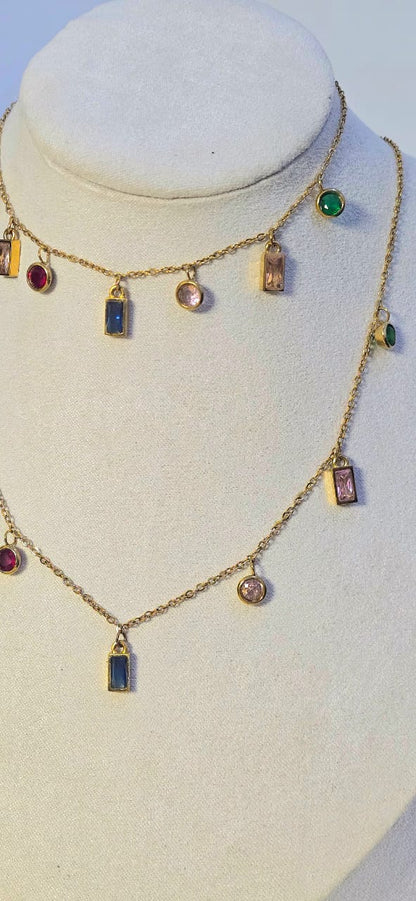 Vibrant Multi-Color Rainbow Charm Necklace & Bracelet Set | Tarnish-Free Gold-Tone Stainless Steel