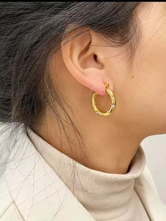 Stainless Steel Chunky Stone Embellished Hoop Earrings