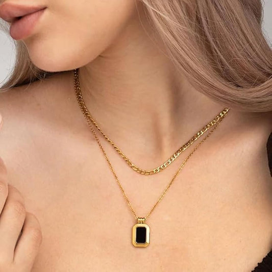 Stainless Steel Double Layer Necklace with Black Centre Pendant