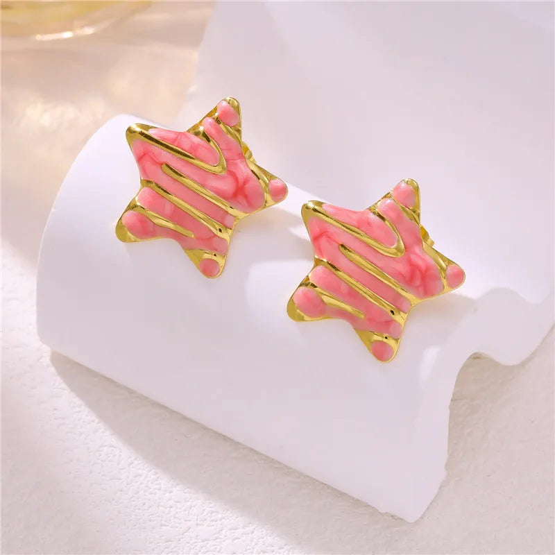 Stainless Steel Pink Enamel Star Stud Earrings