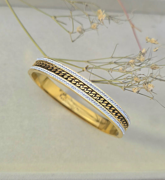 Stainless Steel Curb Chain Inlay Crystal-Paved Bangle