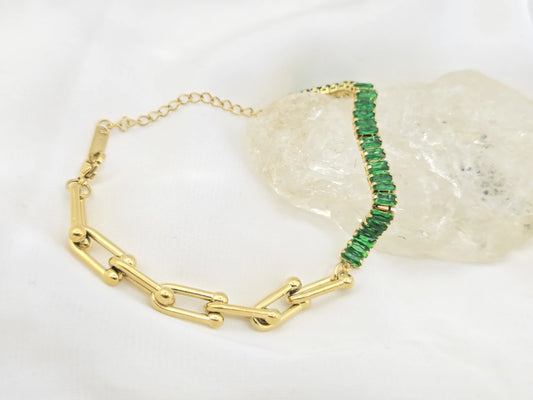 GREEN CRYSTAL TENNIS & PAPERCLIP CHAIN BRACELET
