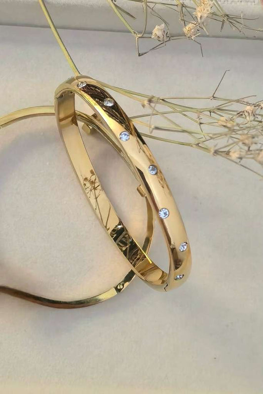 Stainless Steel Gold Pavé Crystal Panel Bangle