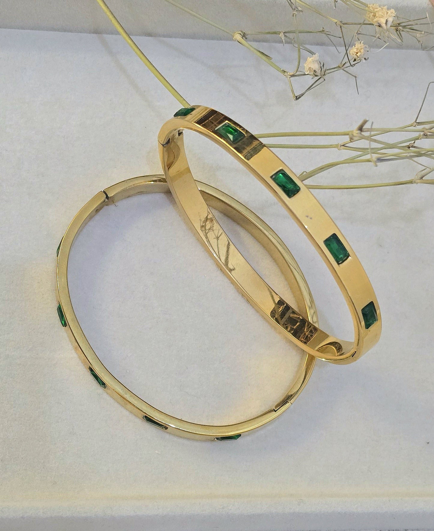 Stainless Steel Green Emerald-Cut Stone Handcuff Bangle