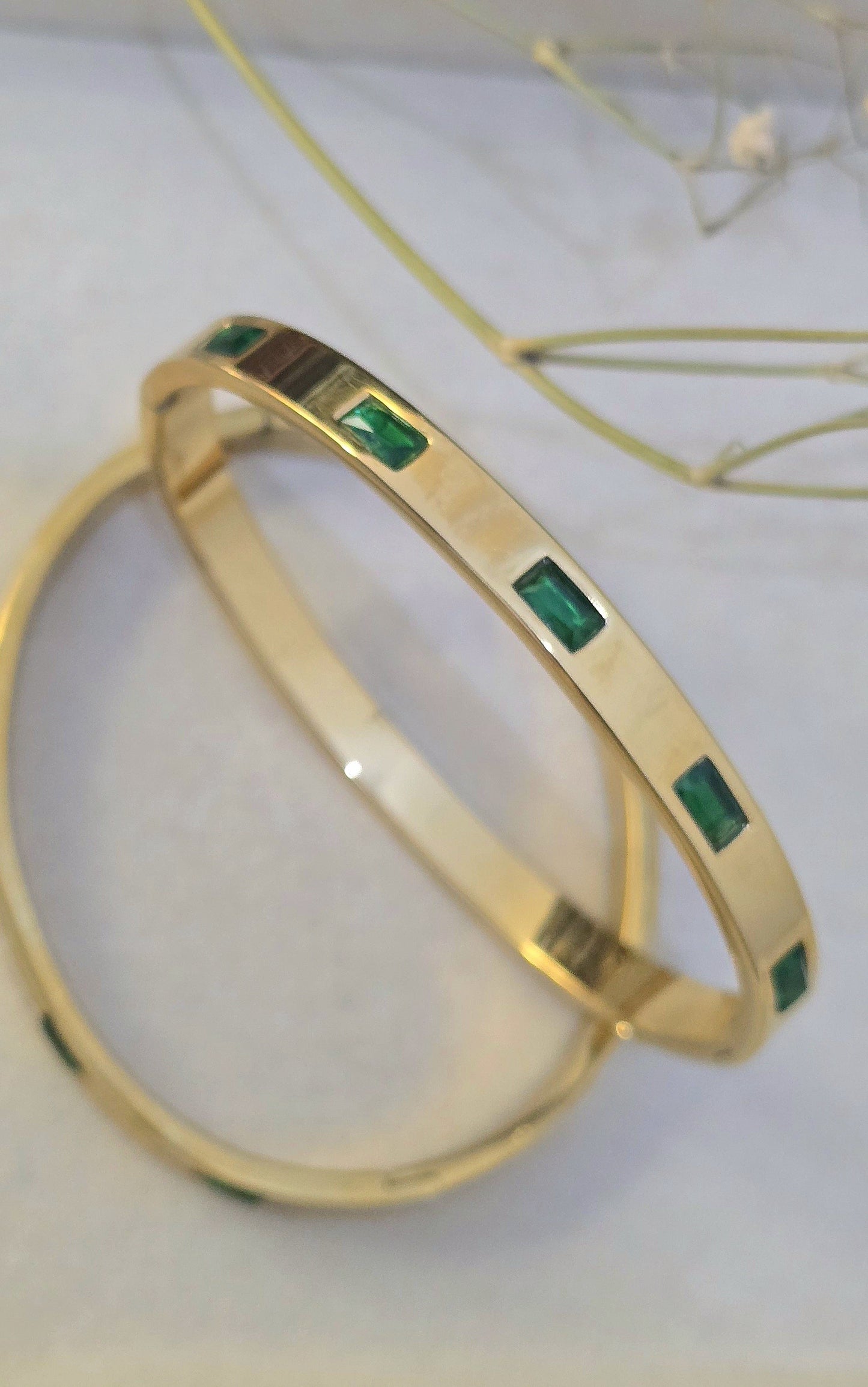 Stainless Steel Green Emerald-Cut Stone Handcuff Bangle