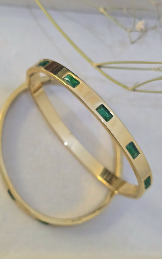 Stainless Steel Green Emerald-Cut Stone Handcuff Bangle
