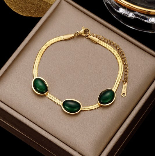 Stainless Steel Green Emerald-Cut Stone Handcuff Bangle