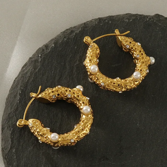 Aurelia Stainless Steel Pearl embedded, textured Statement Ear hoops